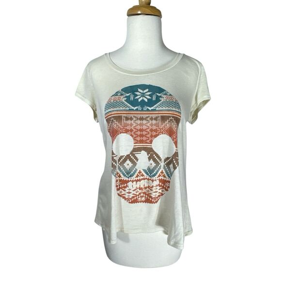 Day trip Aztec Southwest Skull Split Back Cream Tee Sz M - Picture 1 of 4
